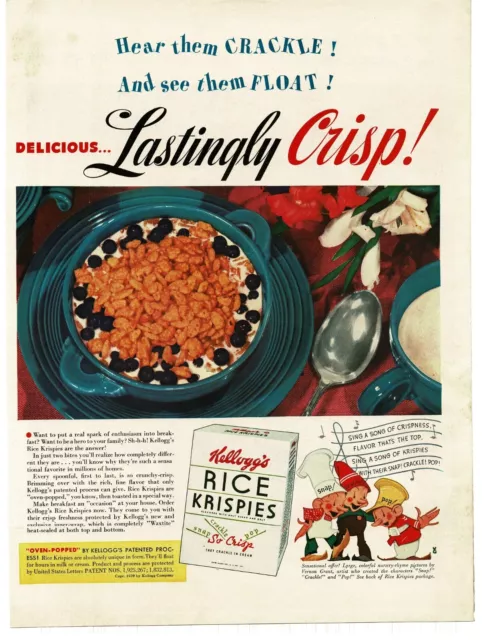1939 KELLOGG'S RICE Krispies Cereal Snap Crackle Pop sing a song ...