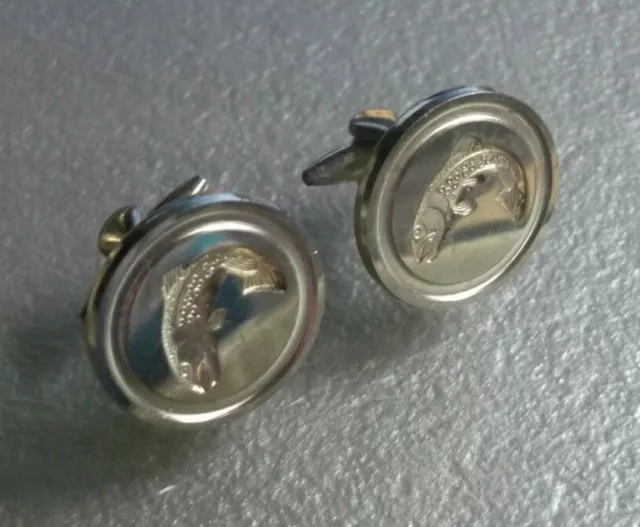 Cufflinks MENS Cuff Links Vintage Retro 1960s 1970s PAT No Pisces Fish Goldtone 2