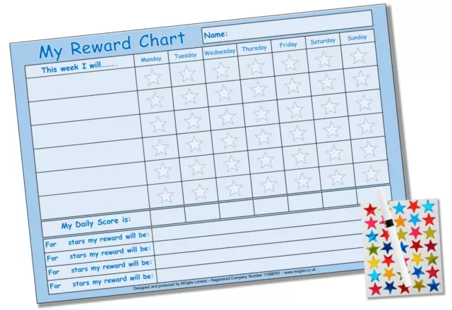 Re-usable Good Behaviour Reward Chart Free Stickers Pen Blue Green Yellow White