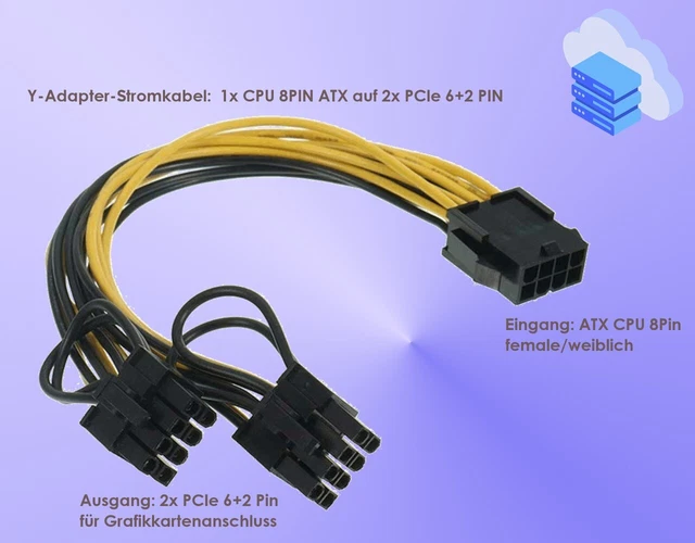 Grafikkarte Stromanschluss 6 Pin 8 Pin 2 STÜCK Y-ADAPTER-STROMKABEL ATX CPU 8 Pin zu 2x PCIe 6+2 Pin