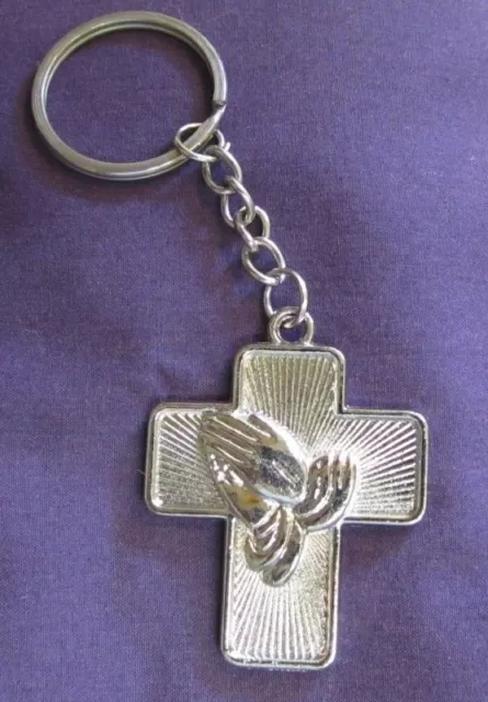 Key Chain Praying Hands - AA Symbol Cross - Silver Style - Ornament/Decor - New