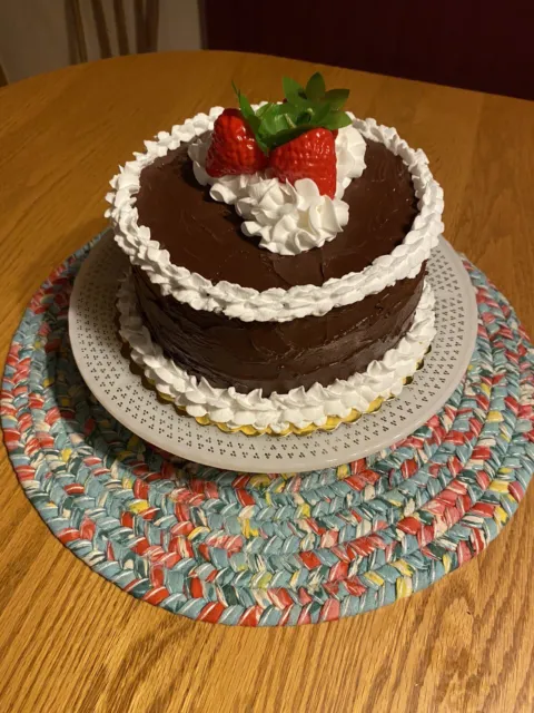 Fake Handmade Chocolate Cake/White Trim wStrawberries 7”Tx6”W