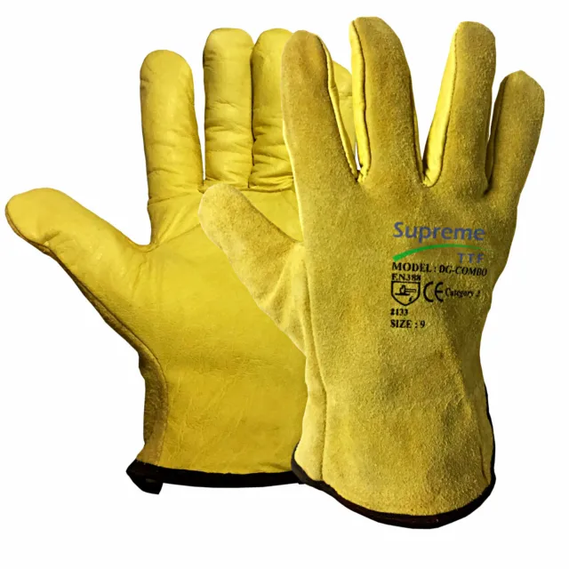 Premium Leather Yellow Driver Gloves Fleece Lined Lorry Driving Work Glove