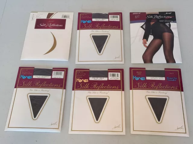 6 Vintage Hanes Silk Reflections Pantyhose Size EF Barely Black There Sandalfoot