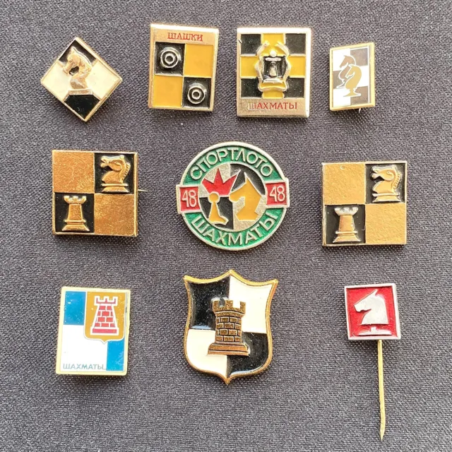 Set 10 Badge Pin Chess USSR Russia Soviet Union chess rook, knight, chessboard