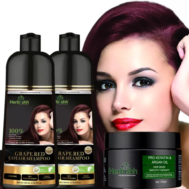 2 Pcs 500Ml Herbishh Color Shampoo With Complementary Argan Hair Mask -Grape Red