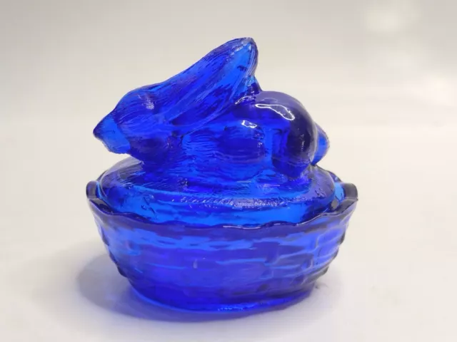 Vintage Cobalt Blue Glass Miniature Rabbit On Nest Lidded Salt Dip