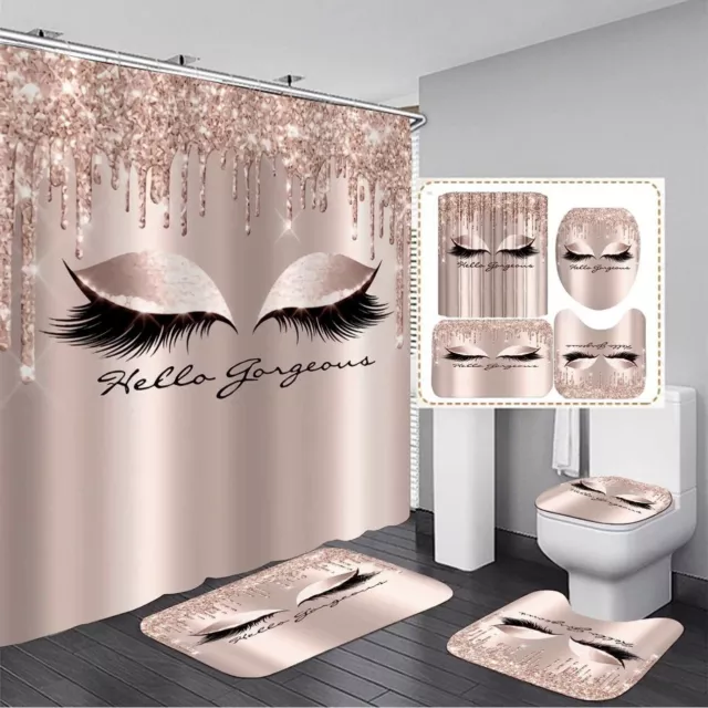 4PCS Set Pretty Eyelash Shower Curtain Spark Rose Gold Drips Hello Gorgeous