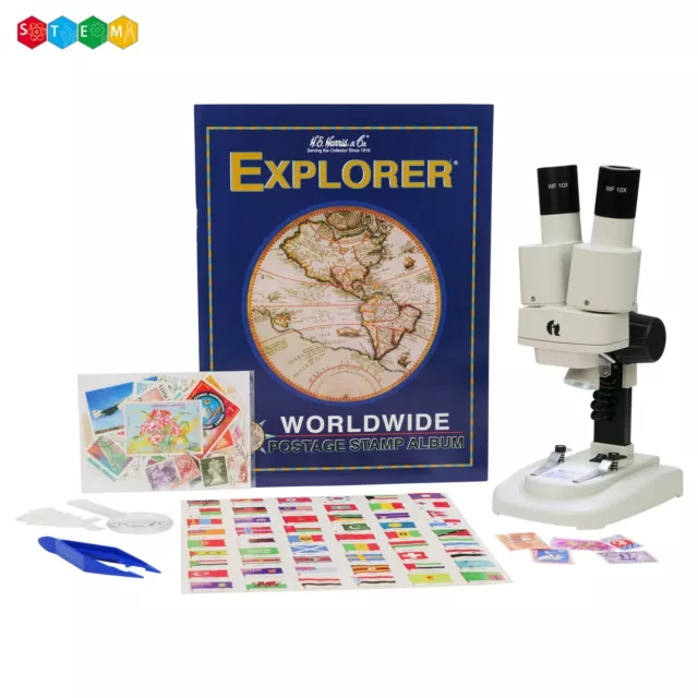 IQCREW by Amscope Kids 20X-50X Portable LED Microscope & Stamp Collecting Kit