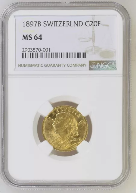 1897 B Swiss Gold Coin 20 Francs Helvetia BU, Switzerland, Bern, AU. NGC MS 64 1897 B Swiss Gold Coin 20 Francs Helvetia BU, Switzerland, Bern, AU. NGC MS 64