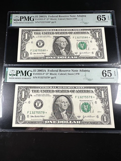 Lot of 2 Gem Consecutive Star Federal Reserve Notes PMG 65 EPQ fr 1931-F* ATL