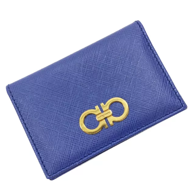 Salvatore Ferragamo Gancini Card Holder Card Case Blue Leather Authentic