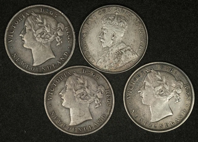 1888, 1894, 1896 Large Date, 1912 Newfoundland Canada Silver 20 Cents Lot Of 4