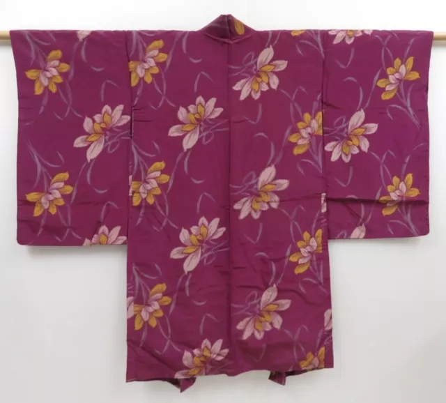 2727T09z600 Vintage Japanese Kimono Silk MEISEN HAORI Flower Dull purple