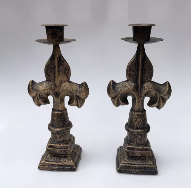 Pair Metal Fleur de Lys Lis Candle Sticks Heavy Brushed Gold 6 Inches Tall