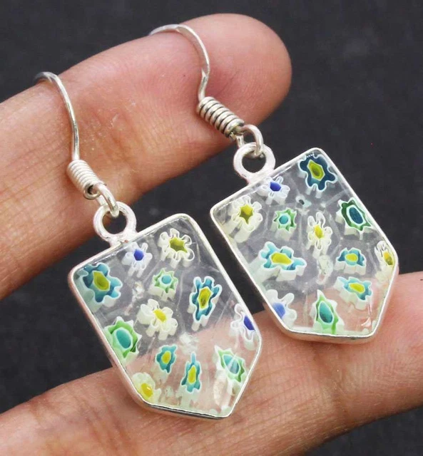 Dichroic Glass 925 Silver Plated Handmade Earrings of 1.5" Ethnic Gift