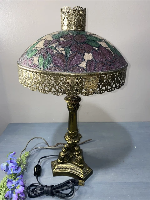 Vtg Brass Gold Filigree Table Lamp Tiffany Style Victorian Floral 18” Ornate 5