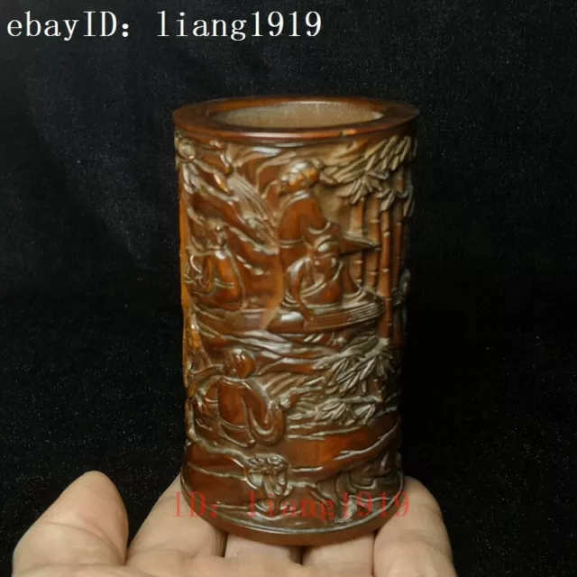 H 10 CM Chinese boxwood hand carved seven sages of the bamboo grove brush pot