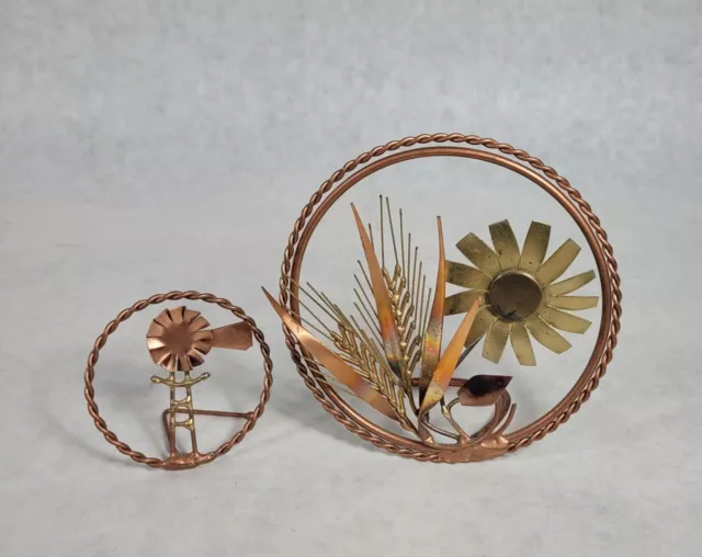 Vintage Set Of 2 Copper Brass Wheat Windmill Flower Shelve Decor Metal Art