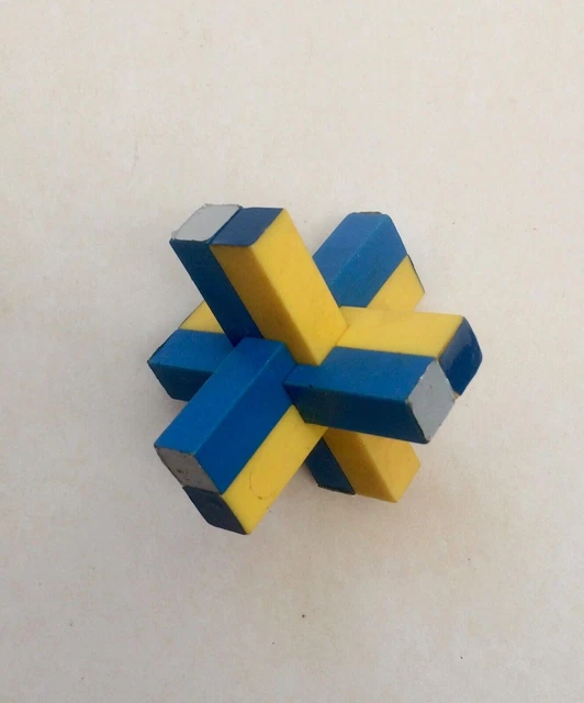 RARE JEU DE puzzle vintage Brain Teaser dans les couleurs bleu et jaune