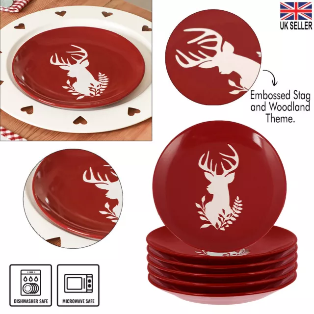 Hand Painted Stoneware Dishwasher Safe Xmas Side Dessert Plate Set Tableware Red