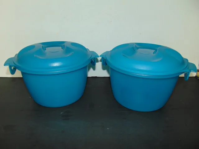 (2) Teal Blue Tupperware Microwave Rice Makers 2-Piece-Base & Cover 6451B