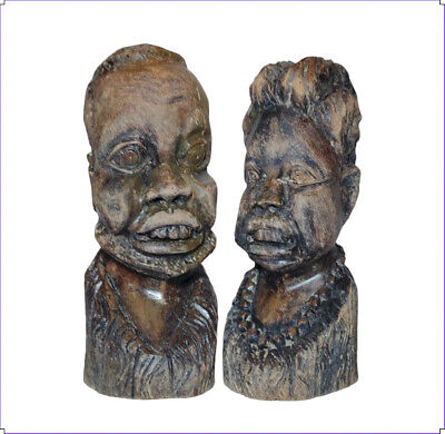 Old African Wooden Art, A Pair of Head Statues of Man & Woman - Bust Sculpture