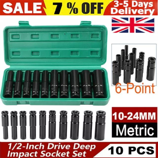 10pc 1/2" Inch Deep Impact Socket Tool Set 10-24mm Metric Garage Workshop 4-39