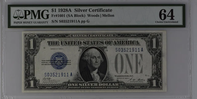 1928A $1 Fr 1601 Small Silver Certificates PMG Choice Uncirculated  64 2007