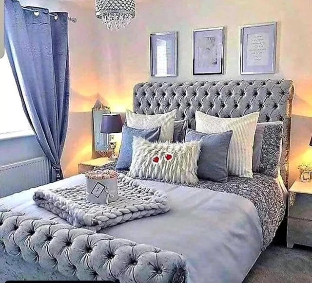 MOORCROFT BEDS 4FT Small Double Chesterfield Sleigh Bed Frame With Headboard Upholstered In Plush Velvet Grey Bed Wooden Slats - No Mattress - No