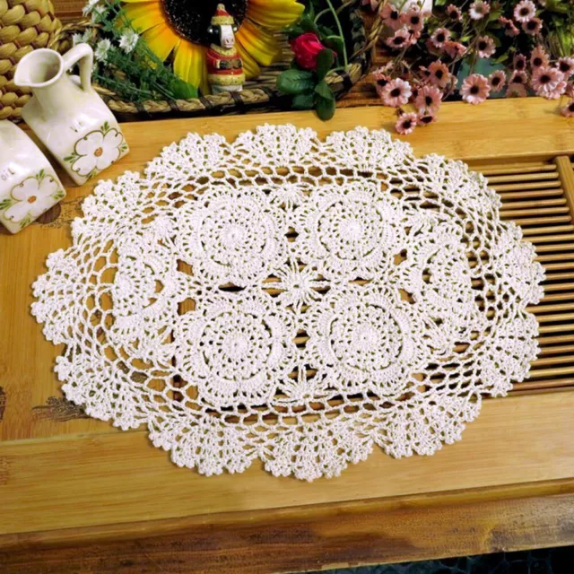 Cotton Placemat Doily Handmade Crochet Lace Doilies Table Oval Mat Decor 30x45cm