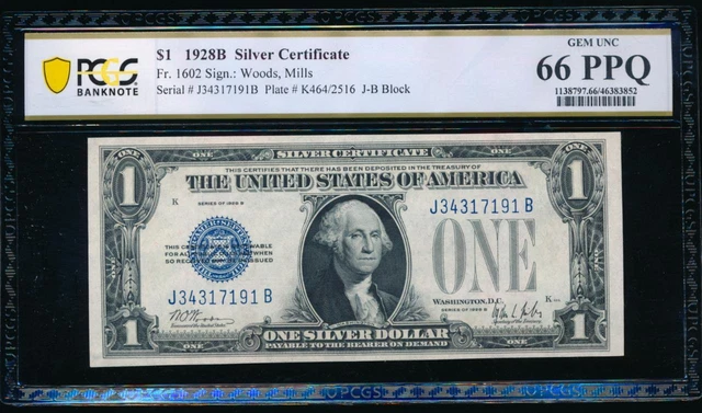 AC 1928B $1 Silver Certificate PCGS 66 PPQ J-B block  Fr 1602