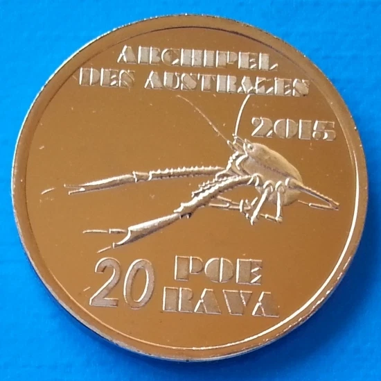 Australes Island 20 Poe Rava 2015 UNC Shrimp Crab French Polynesia unusual coin