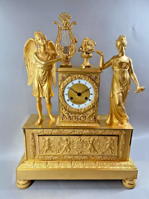 French Empire Bronze Clock with Orpheus and Eurydice Figurines, circa 1810