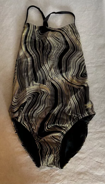 SPEEDO Size 12/38 Black Gold Wavy Striped 1-Piece Cross Back Swimsuit Womens $74