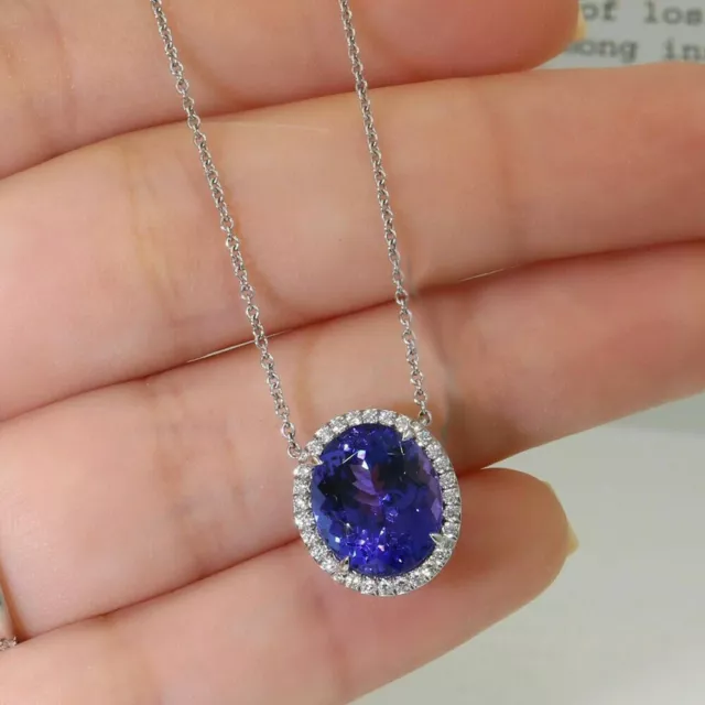 14k White Gold Plated Silver 3Ct Blue Simulated Tanzanite Halo Pendant Necklace