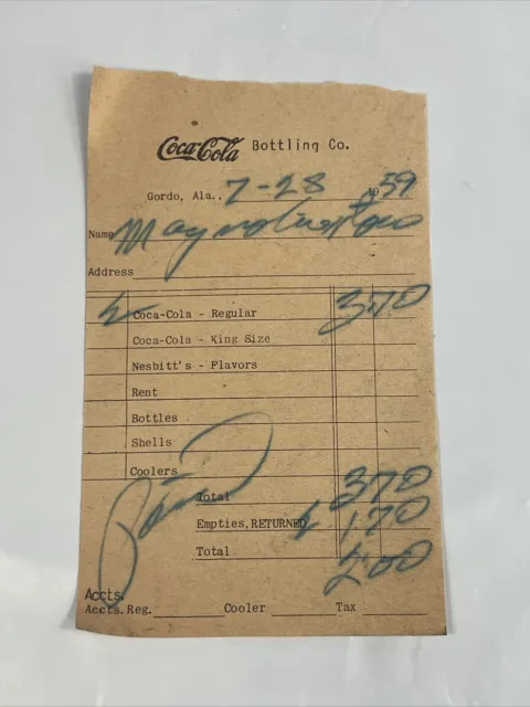 Coca Cola Bottling Co. 1959 Gordo Alabama Receipt 1959 Original Receipt Coke WOW
