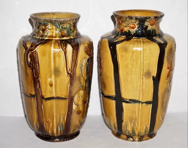 Antique Thomas Forester Majolica Art Nouveau Portrait Pottery Vase Pair 3