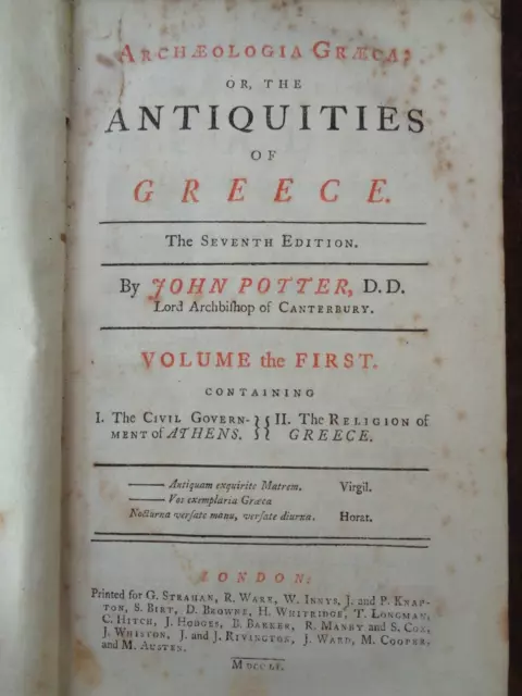 1751 ARCHAEOLOGIA GRAECA or ANTIQUITIES OF GREECE VOL I by POTTER 9 PLTS ATHENS 3