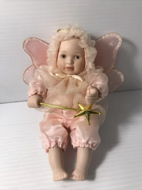 Porcelain Doll Angel Wand Pink Fairy Musical Box Moves  Wings Halo Miniature