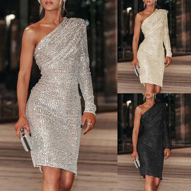 Women Dress Flip Flops Women Fashion Solid Cold Shoulder Sequin Sexy Dress
