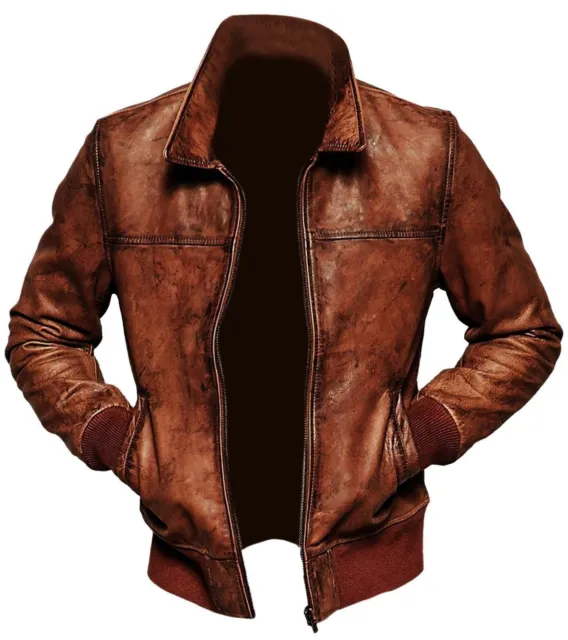 Hommes Moto Motard Vintage Délavé Marron Bomber Hiver Veste Cuir