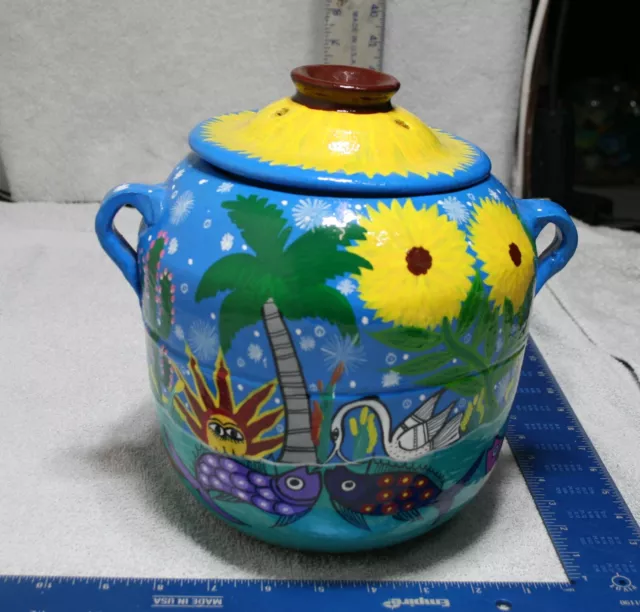 Mexican Talavera Pottery Bean Pot With Handles & Lid 9" Tall