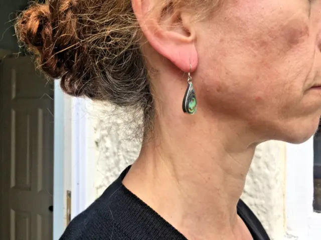 Vintage Mexican? abalone paua shell tear drop pear silver pendant earrings