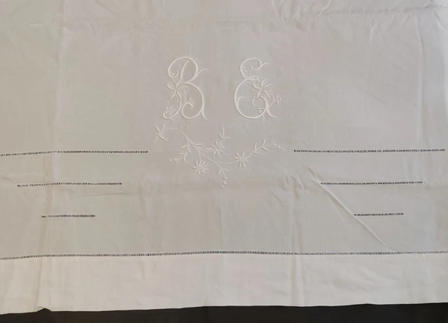 Lenzuolo Lino Bianco 328X232 Iniziali Be Fiori Giorni Venezia Ricamo Fatto Mano