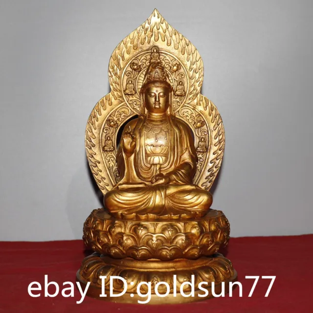 11.4"Collecting Chinese antiques bronze gilt Guanyin Bodhisattva Buddha statue