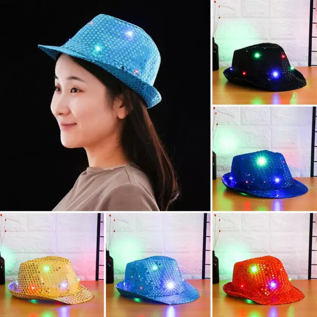 Flashing Light Up Led Fedora Trilby Sequin Unisex Fancy Dress Dance Party Hat~US