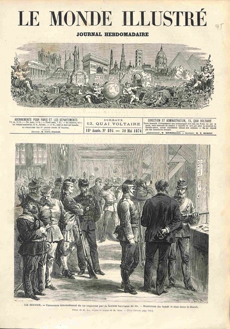 LE HAVRE CONCOURS DE TIR Shooting competition GRAVURE ANTIQUE OLD PRINT 1874