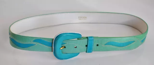 Escada Vintage 80er Gürtel Leder gemustert Blau Grün Pastell 78 - 89