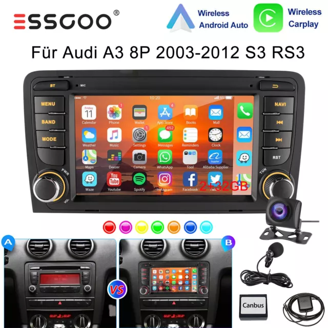 32G Carplay Android 13 Autoradio GPS Navi RDS BT Kamera Für Audi A3 S3 RS3 8P 8V